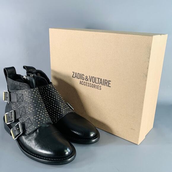 ZADIG & VOLTAIRE 8 Laureen Flap Black Studded Leather Belted Side Zipper Boots - Picture 9 of 10